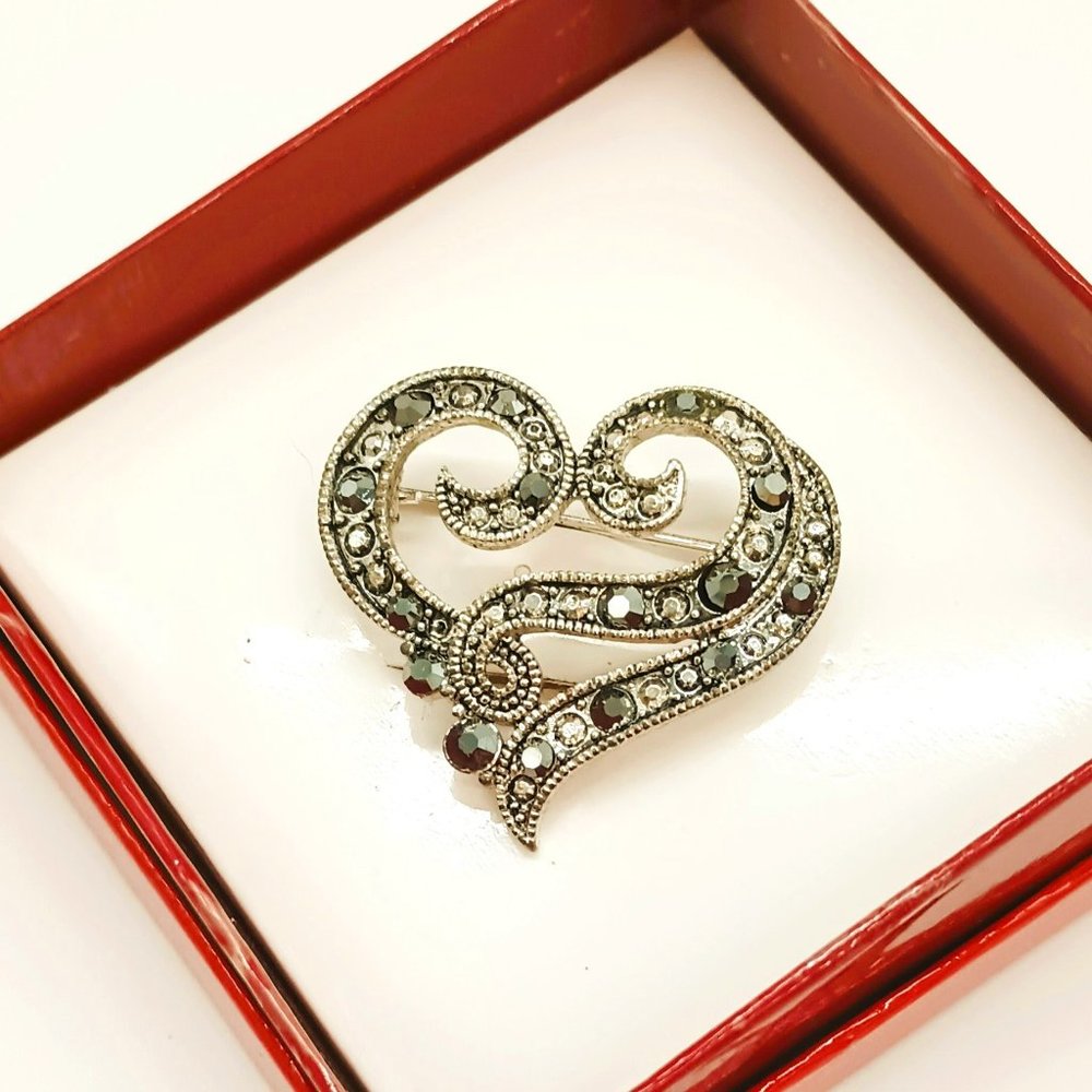 Silver Marcasite Swirl Heart Brooch with Silver Studs Pin Holiday Jewelry